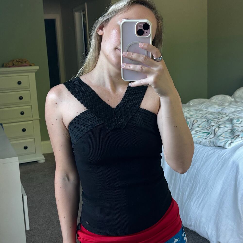 A|X Armani Exchange Black Textured Cross Front Ribbed Tank Top XS TP ECH